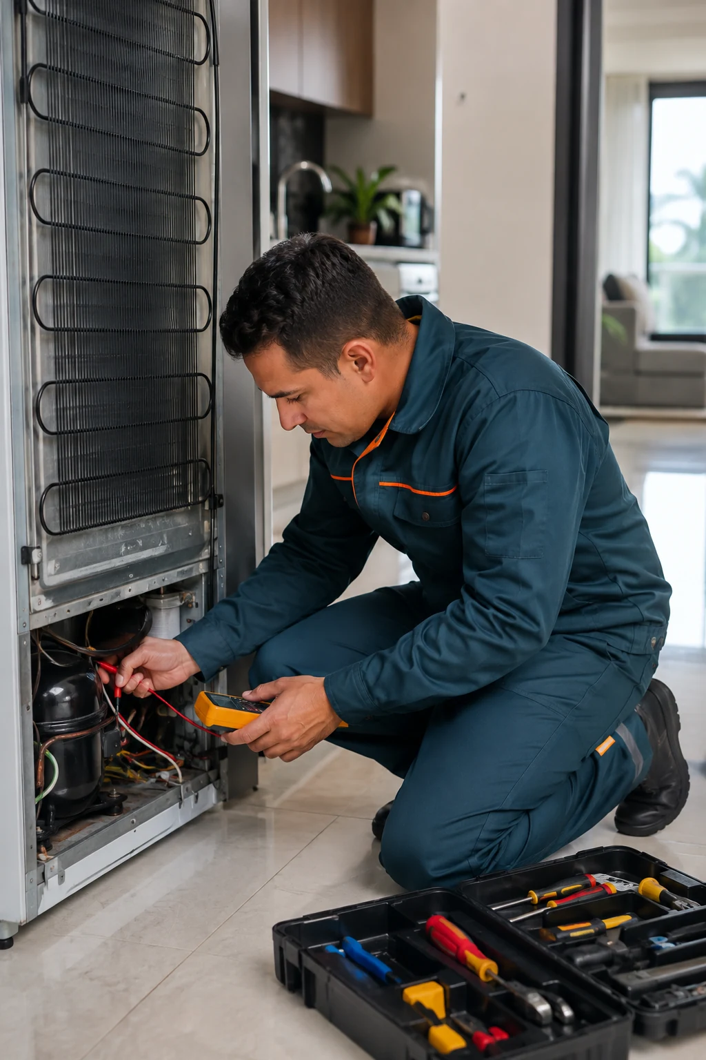 Técnico diagnosticando y reparando una nevera a domicilio